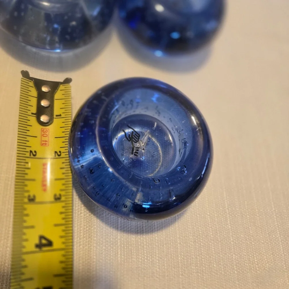 3 IKEA Blue Art Glass Controlled Bubble Paperweight Tea‎ light Candle Holder Set